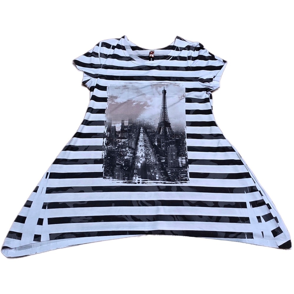 Big Bang Striped Graphic Tunic Top Women's Size M White Black Paris Eiffel Tower